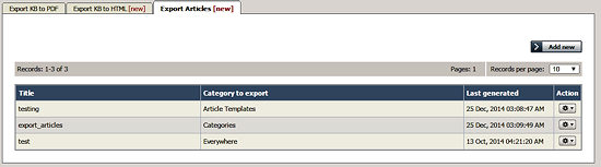 Export Articles tab